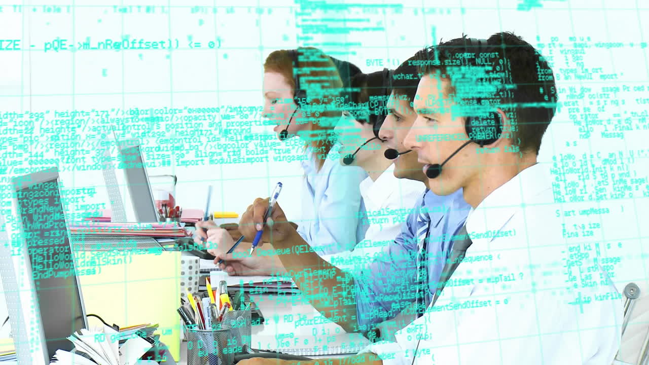 Animation of data processing over business people using phone headsets