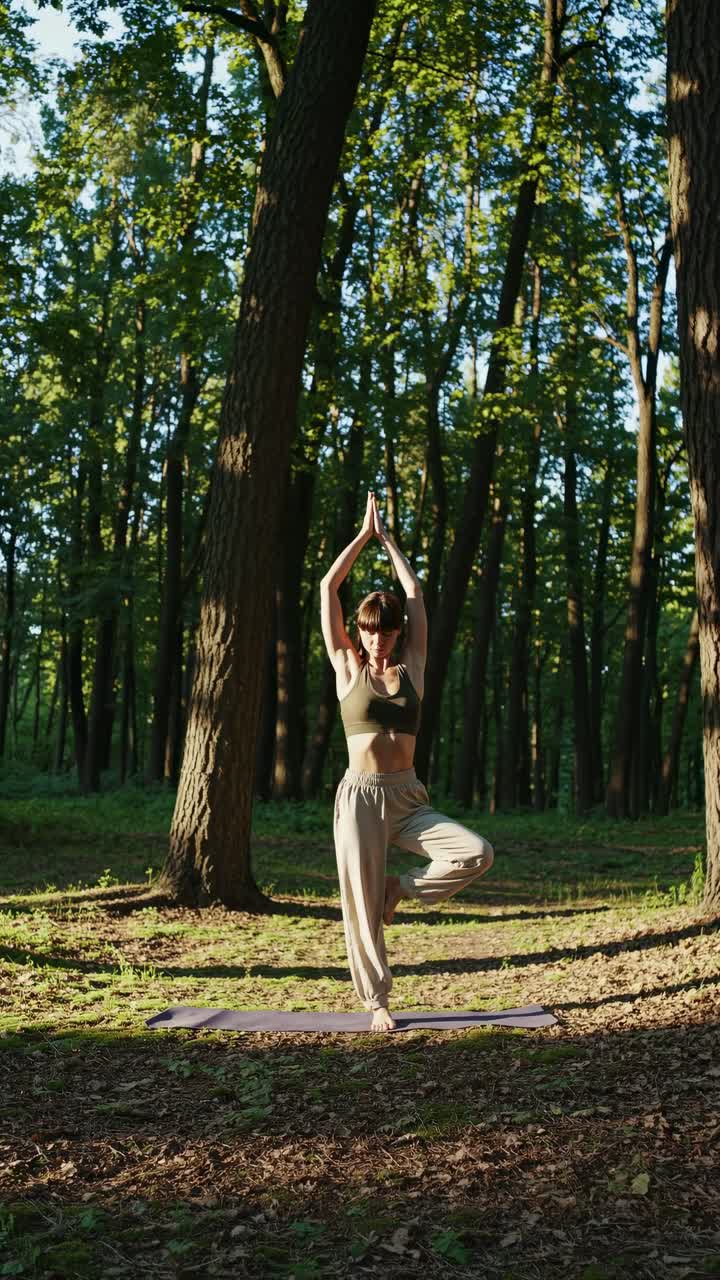 A serene video scene of a woman practicing yoga in a forest. Captured from a low angle, the sunlight