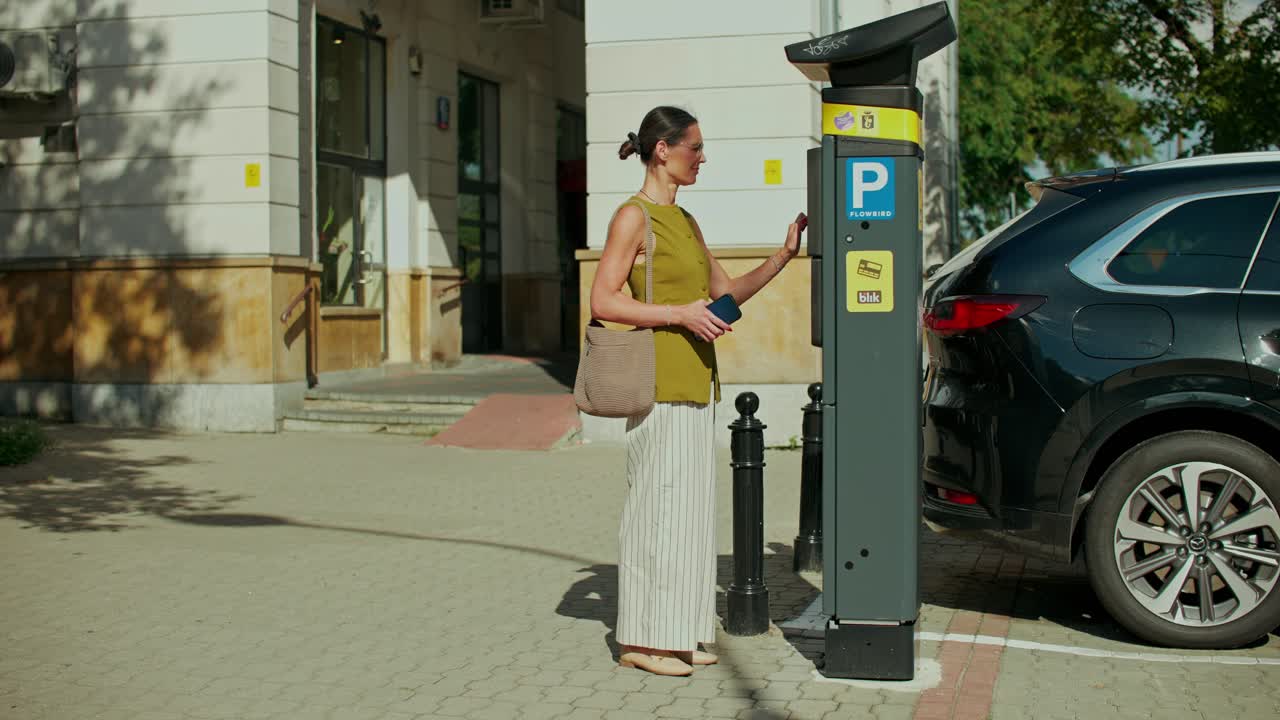 Donna che paga al parchimetro