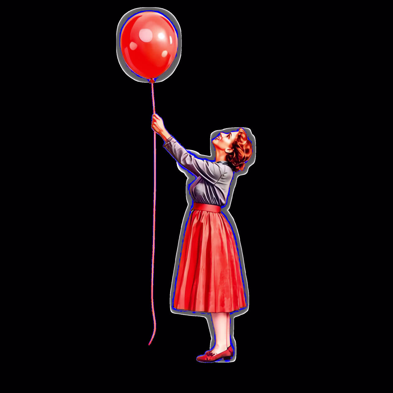 Vintage woman holding balloon animation isolated asset, transparent 4K video, alpha channel, ProRes