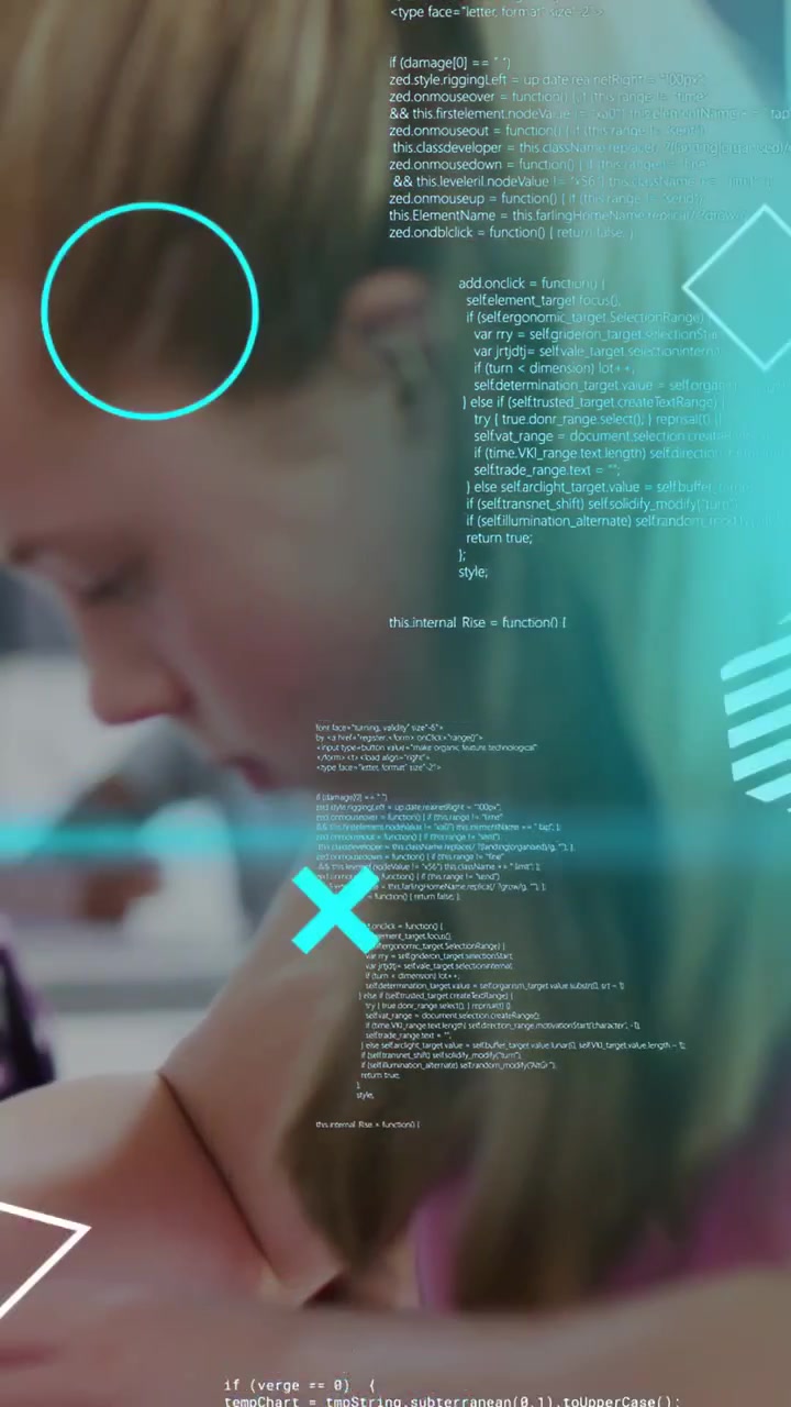 Vertical video: Girl leaning in, writing at desk for class while code overlay scrolling over paper