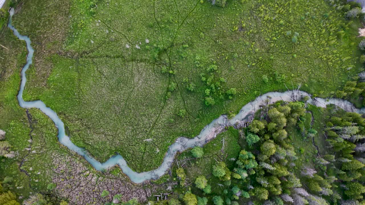 Aerial drone view of a winding stream cutting through open green meadows with forest along the edges