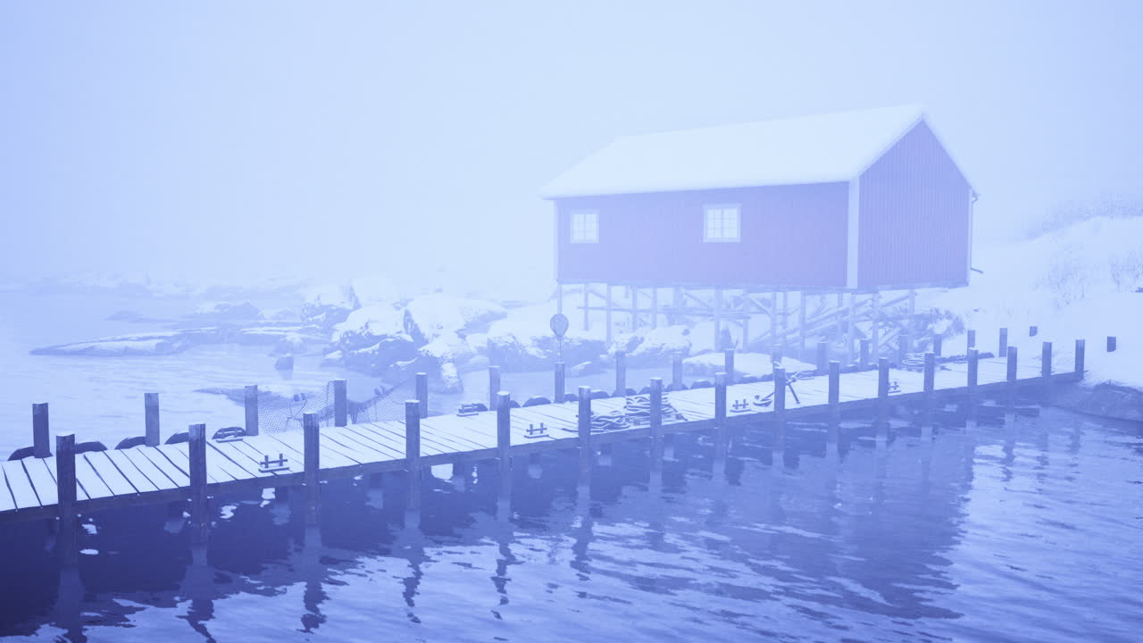 Cabin and Pier in Winter Fog