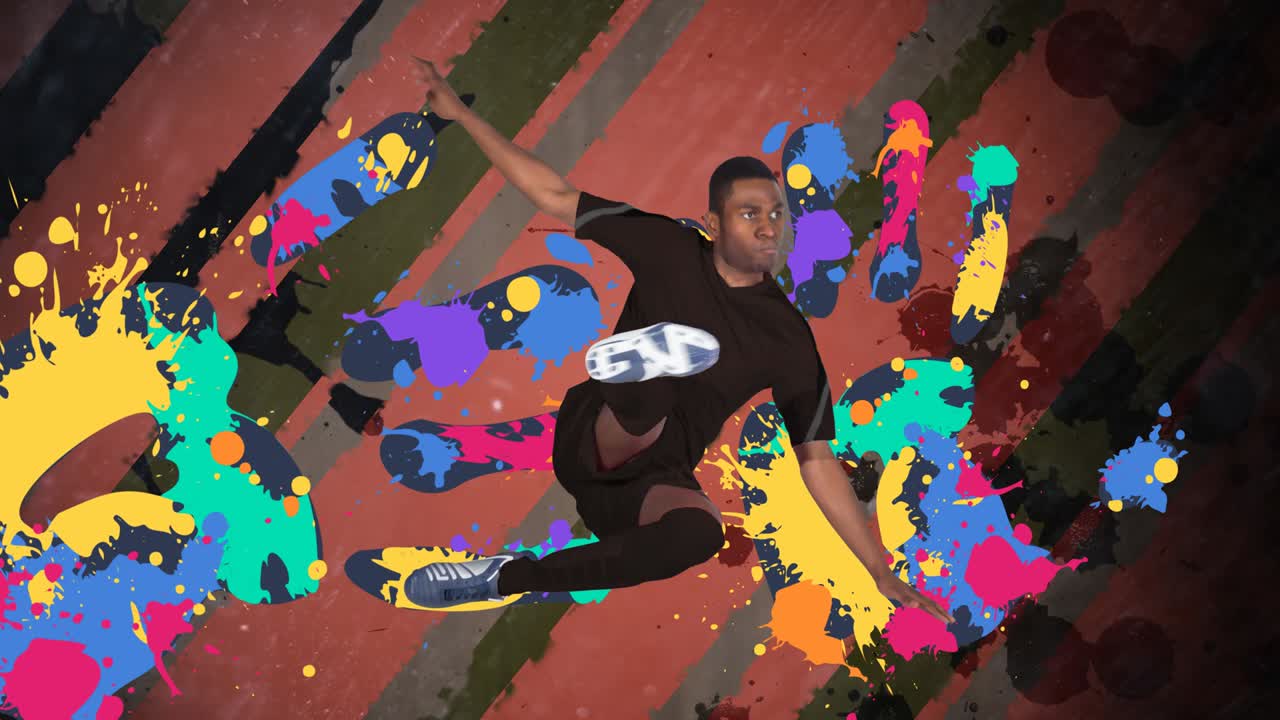 Animation of football player over colourful squiggles on stripes