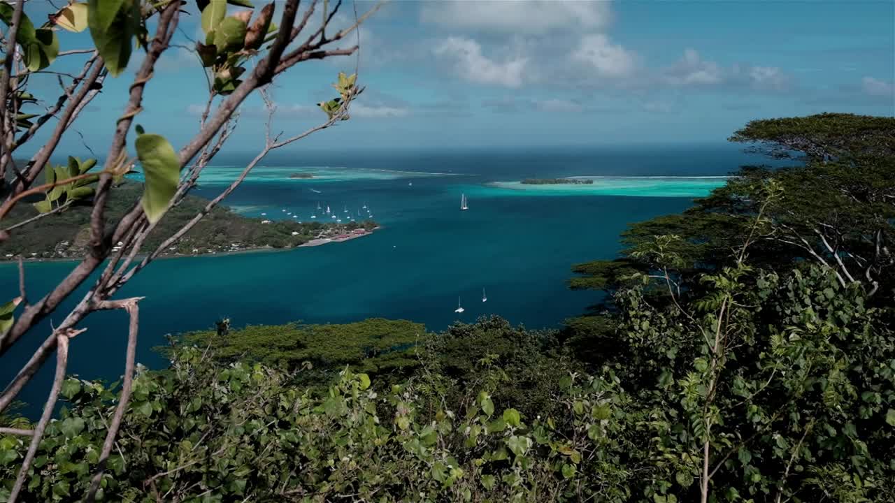 남태평양 섬 의 무레아 에 있는 열대적 이고 보호 된 만 에 항해 하는 배 들