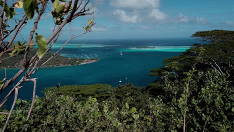 boats at anchor in a tropical and sheltered bay in moorea in the south pacific islands