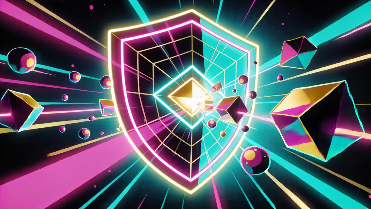 Scudo al neon rotante con un nucleo di diamante pulsante in un campo al neon scuro, che genera sfere e poliedri.