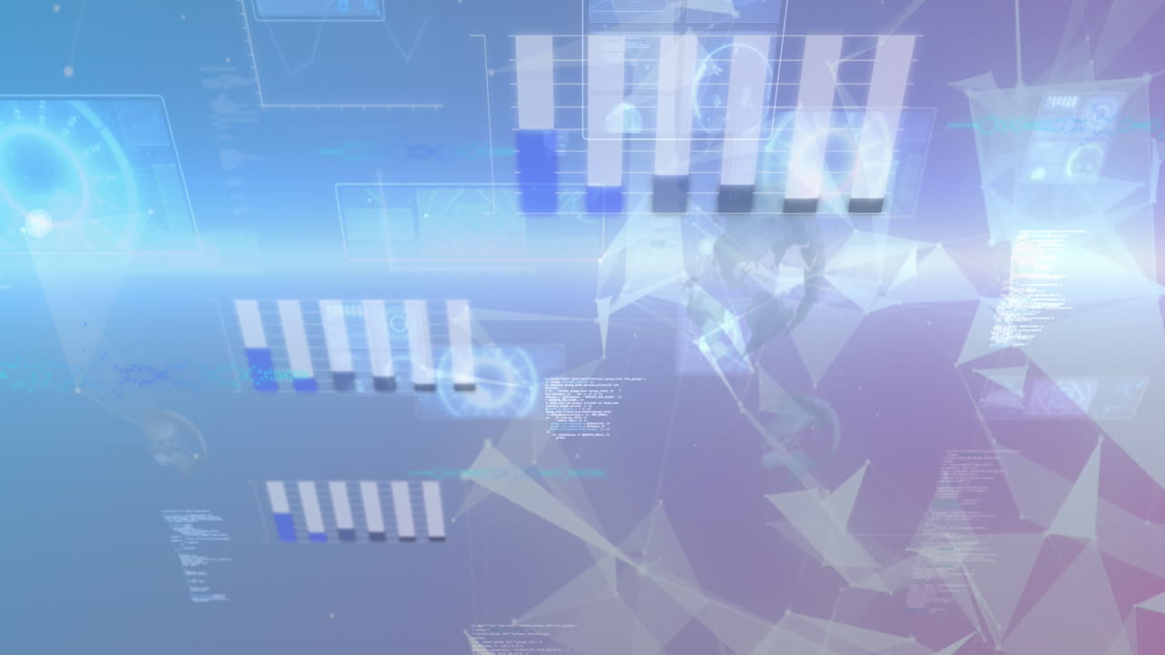 파란색 그라디언트 배경에 대한 플렉서스 네트워크를 통해 데이터 처리를 하는 화면의 애니메이션