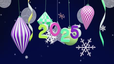 Animation-of-2025-text-and-christmas-decorations-in-background