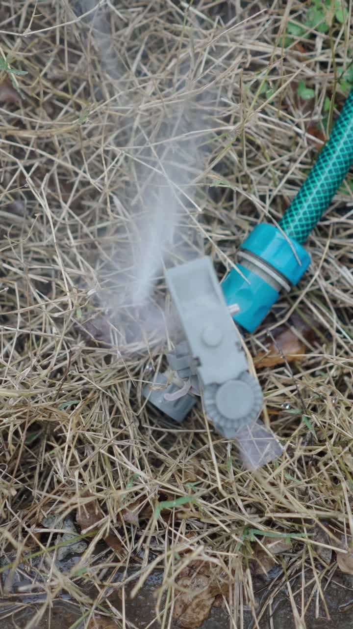 Irrigatore da giardino che innaffia l'erba secca