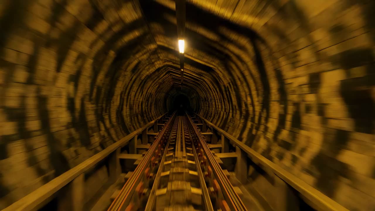 Camera starting forward movement exploring narrow brick-lined mine tunnel, with dual rails blurring