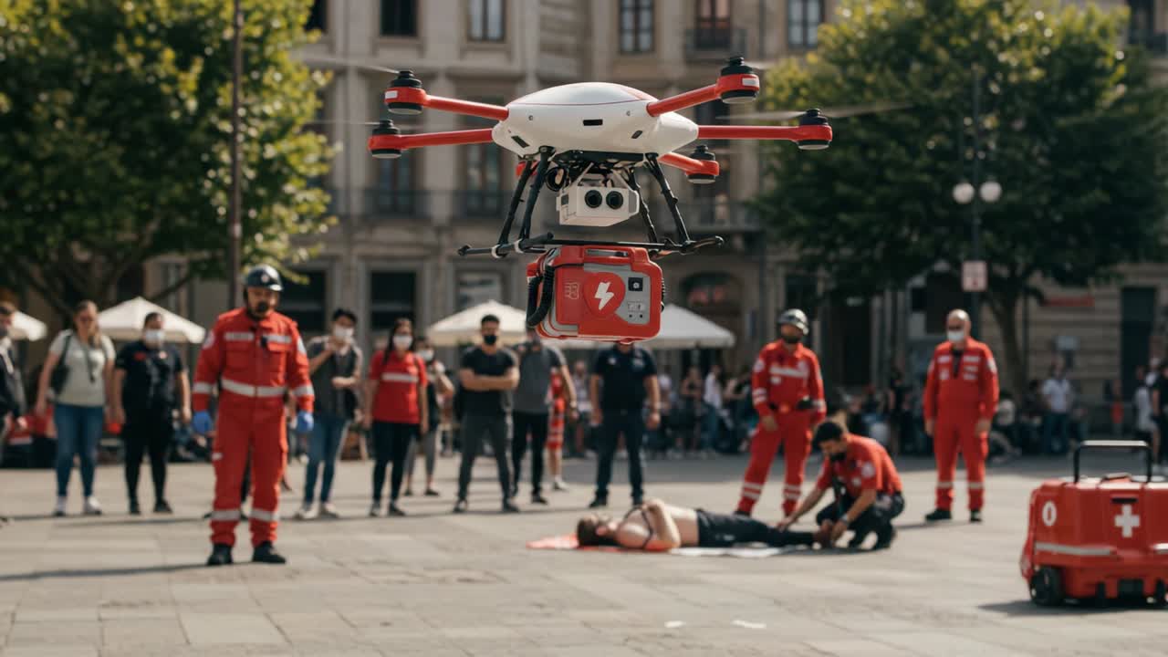 Intervento d'emergenza con droni: assistenza medica rapida e coordinamento in azione, con tecnologie avanzate per situazioni salvavita in ambienti urbani