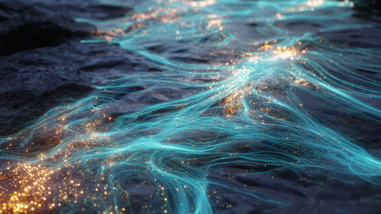 Beautifully Rendered Abstract Flow of Light and Energy Over Water, Capturing the Movement of Fluid Dynamics and Sparkling Particles in a Stunning Visual Display