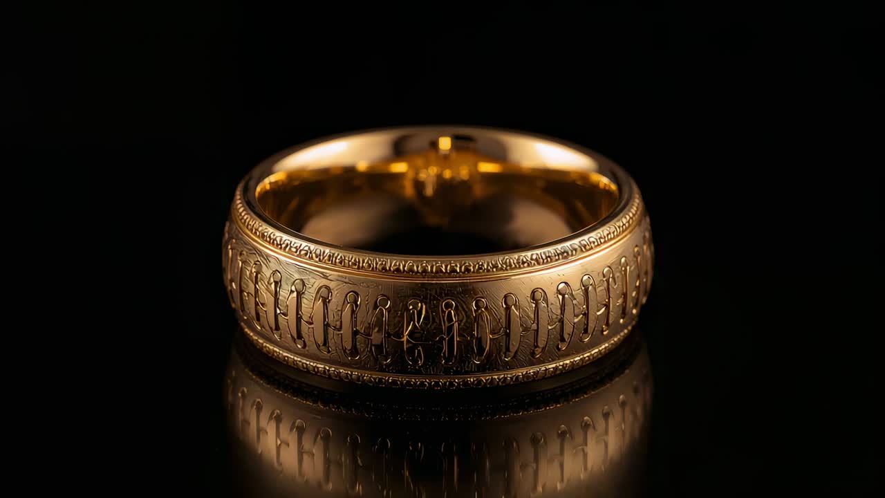 Sich drehender goldener Ring mit kunstvollem, graviertem Band, der sich auf einer glänzend schwarzen Studio-Tischplatte mit bewegten Lichtern dreht