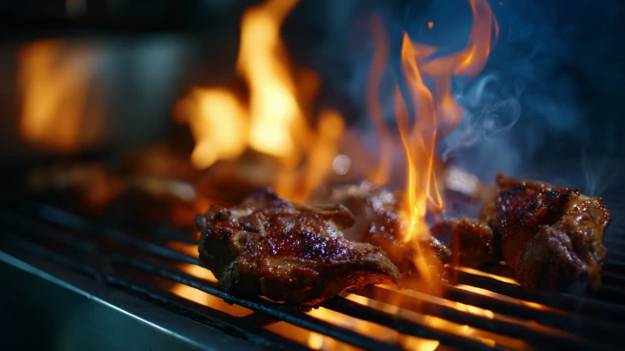 Grilling Juicy Cuts of Meat Over Flames: A Captivating Look at the Process of Cooking Flavorful Barbecue as Flames Dance and Smoke Ascends, Highlighting the Intense Heat and Savory Aroma of the Grill