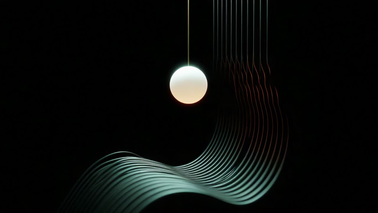 A mesmerizing display of light and motion with a suspended orb and dynamic wave patterns showcasing a captivating interaction between color and form in a dark setting, creating an engaging visual experience