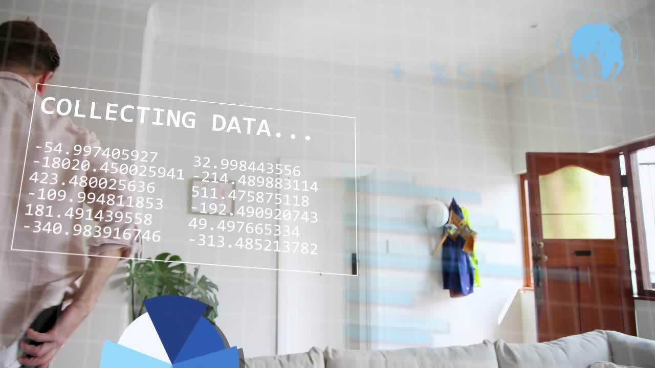 Mature man on sofa sipping mug, typing laptop growing finance charts, carrying box to ship order