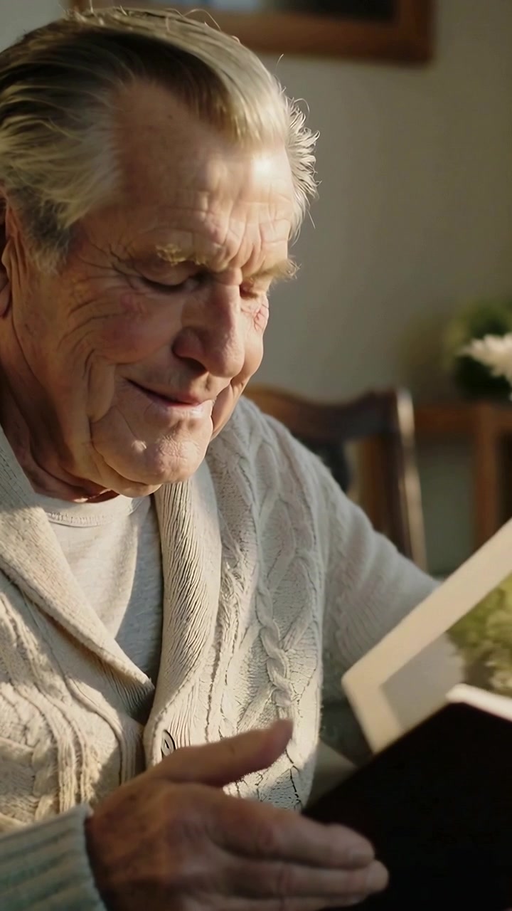 Video verticale: Uomo anziano in cardigan che legge un libro in un angolo pranzo, sfogliando le pagine in cerca di riflessione.