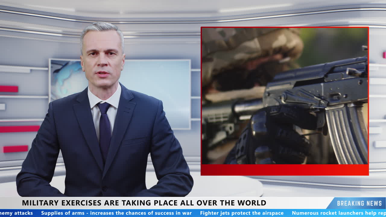 News Anchor Reporting on Military Exercises