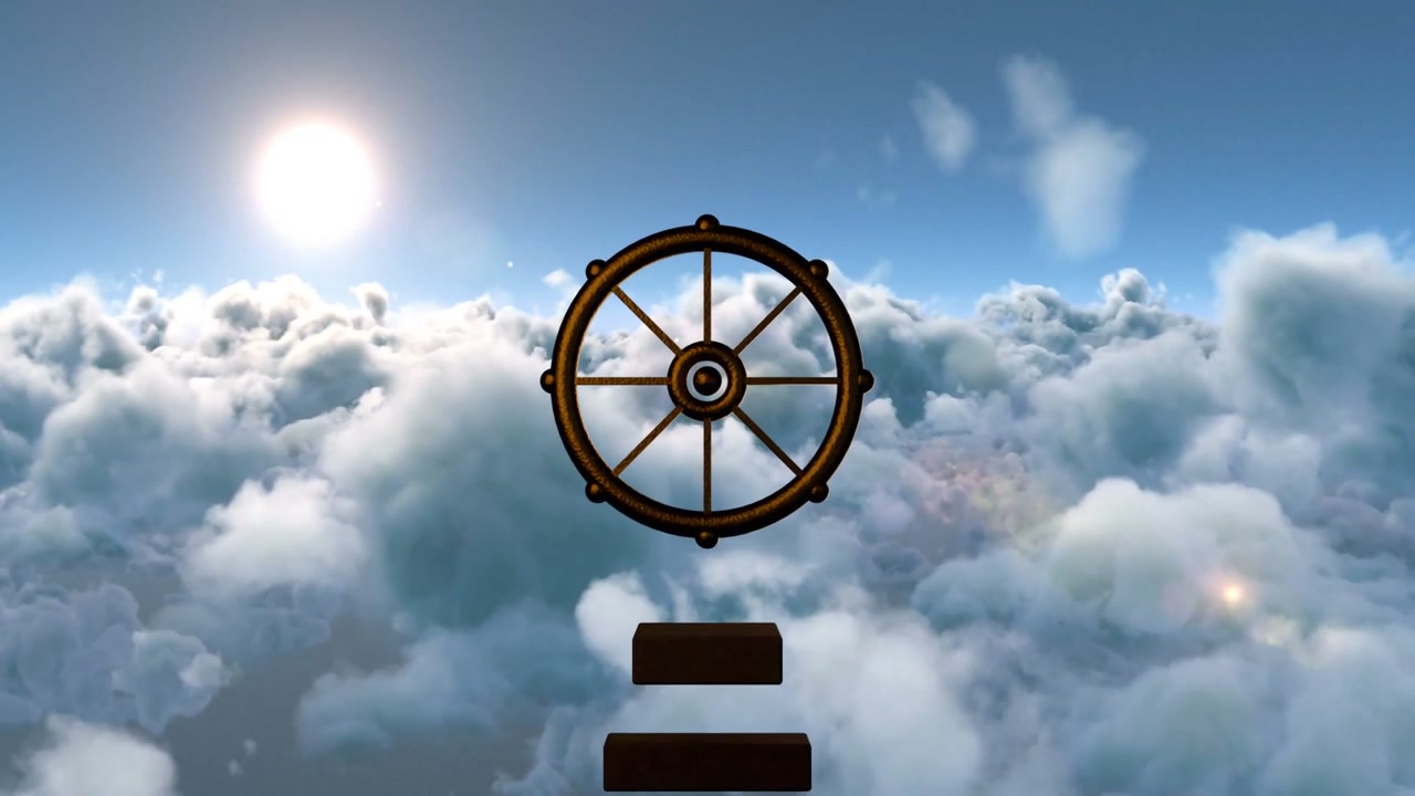 Camera moving bronze helm wheel slowly rotating clockwise while clouds drifting revealing bars