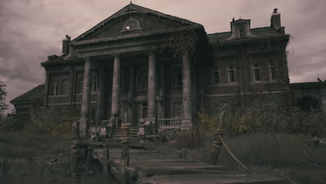 abandoned mansion with overgrown pathway under cloudy sky