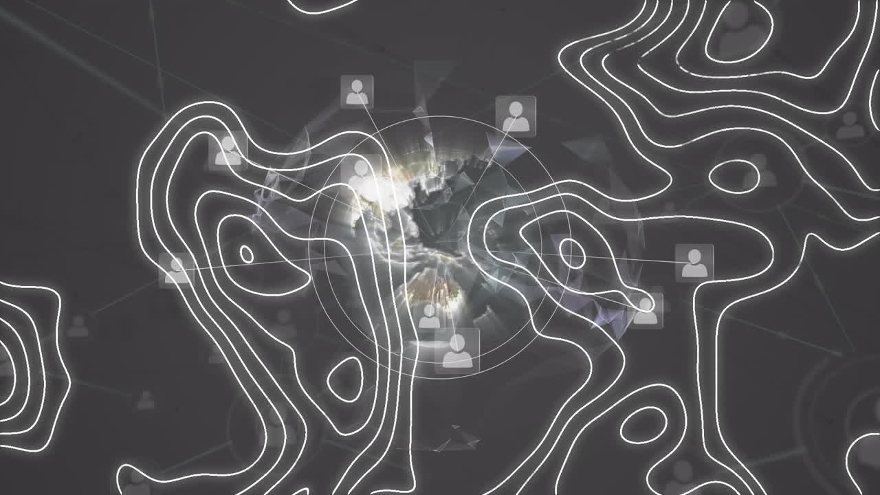 animación de escaneo de alcance y red de conexiones y iconos de personas en todo el mundo