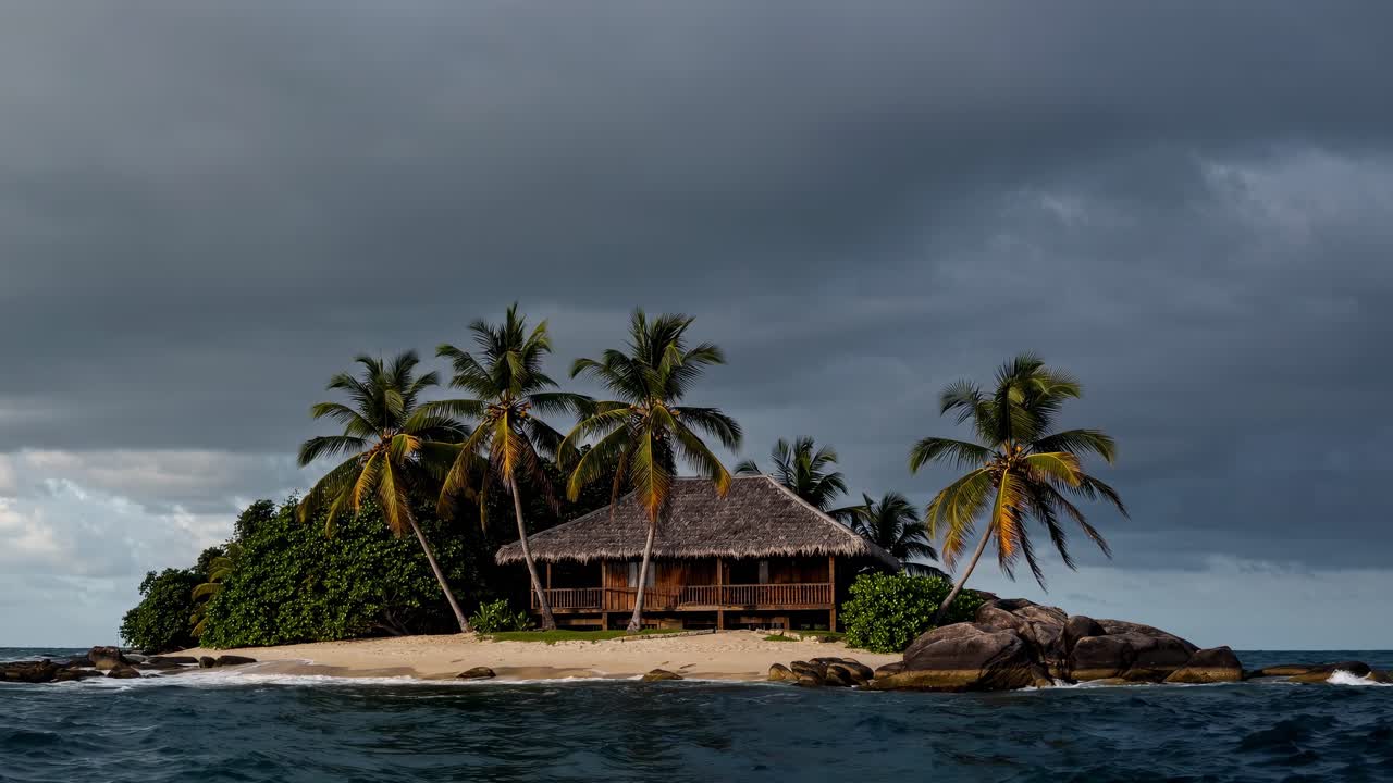 Tropical Island Cabin Under a Stormy Sky