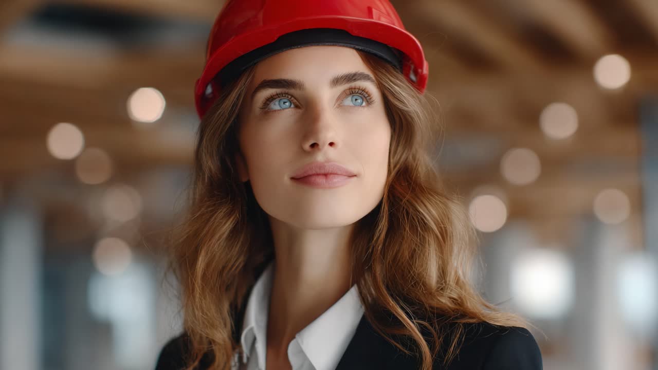 Confident woman in a professional setting wearing a safety helmet looks upward, embodying a blend of style and professionalism, with a dreamy expression that inspires the future