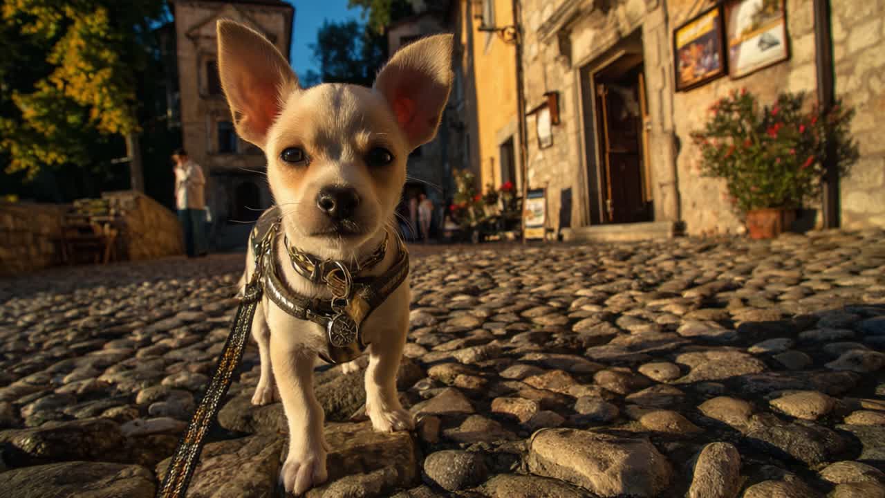 Um chihuahua charmoso posa belamente em ruas de paralelepípedos, exibindo sua personalidade e alegria sob a iluminação quente do pôr do sol