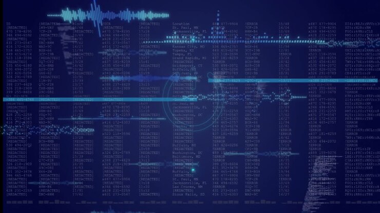 Animation of neon round scanner and light trails over data processing on blue background