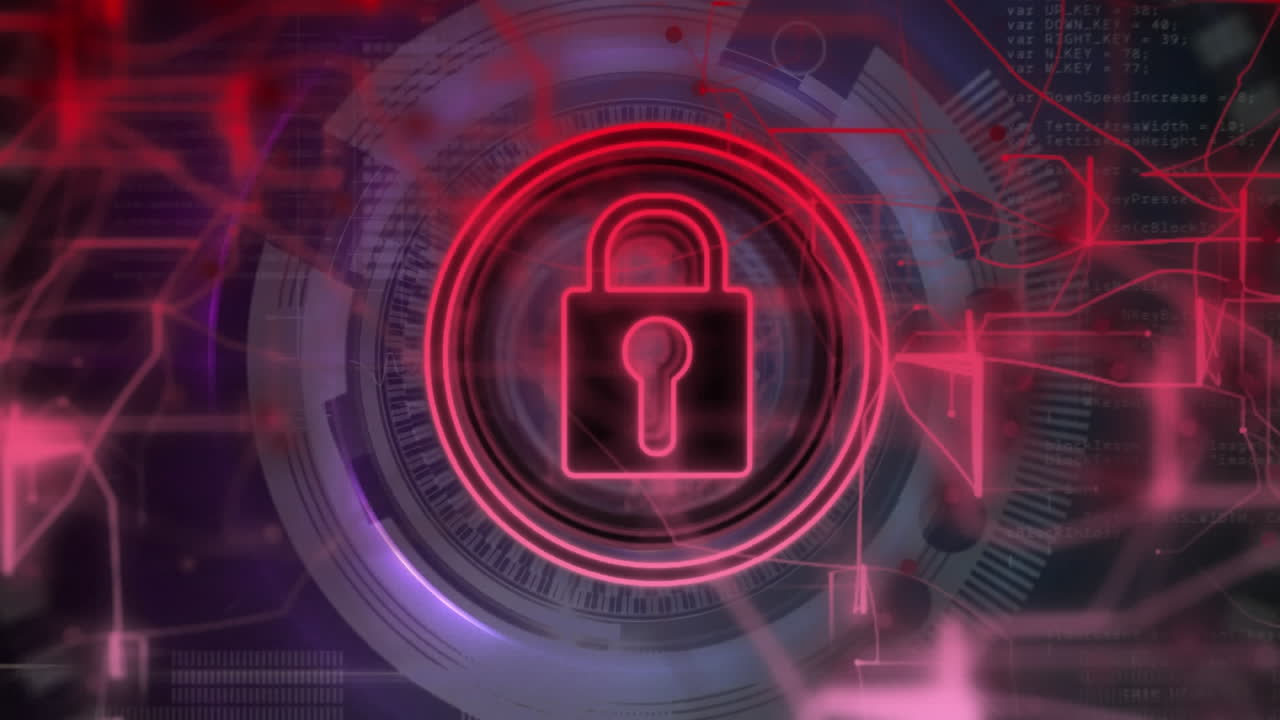 animación del icono del candado de seguridad y los rastros de luz roja contra el escáner redondo en un patrón sin costuras