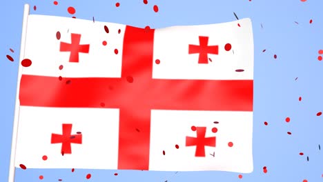 la bandera de georgia (país) se desarrolla contra el fondo de un cielo despejado con confeti rojo. animación 3d. día de la independencia de georgia.