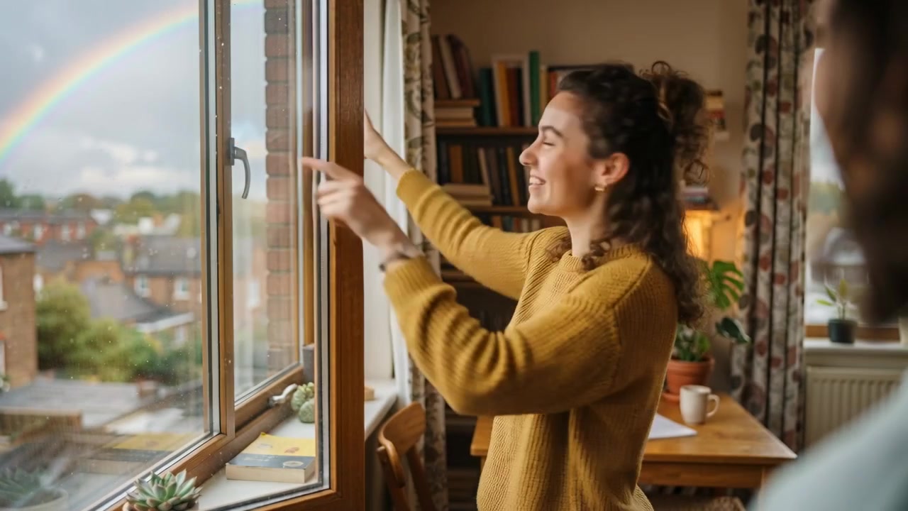 Noticing rainbow, woman in mustard sweater pointing at sash window, clapping and sharing joy