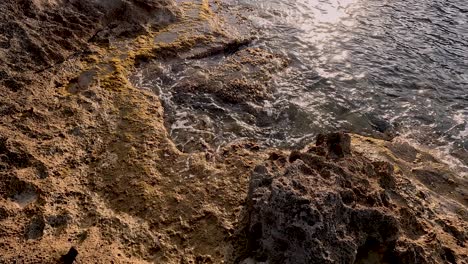 nature's beauty shines as gentle waves lap against rugged coastal rocks, bathed in golden sunset light. a moment of peace and reflection on a serene shoreline journey