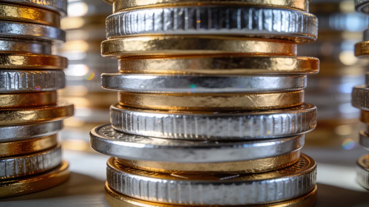 Zooming camera pushing closer to central stack on table, showing bimetal rims and ridged edges