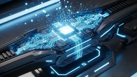 Futuristic Energy Technology: An Intricate Close-Up of a High-Tech Circuit Board with Radiating Light Effects Captured in Dynamic Frames