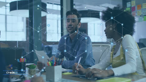 animation of connected dots forming hexagons over diverse man discussing with colleagues in meeting