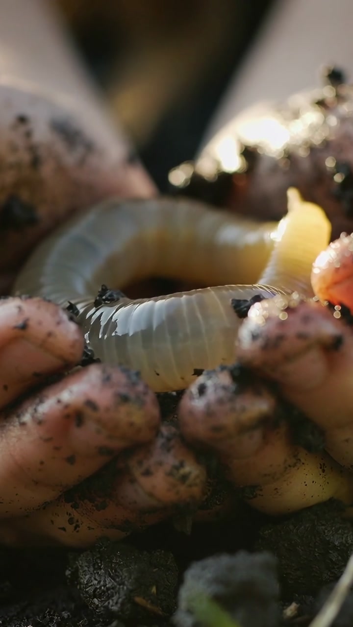 Vertical video: After digging out grub from soil, bare hands cupping, rotating and inspecting larva
