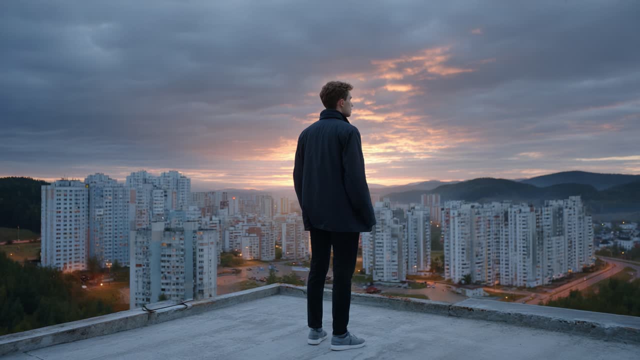A Young Man Stands on a Rooftop Overlooking a Cityscape at Dusk, Capturing the Tranquil Beauty of Urban Life Against a Stunning Sunset Backdrop