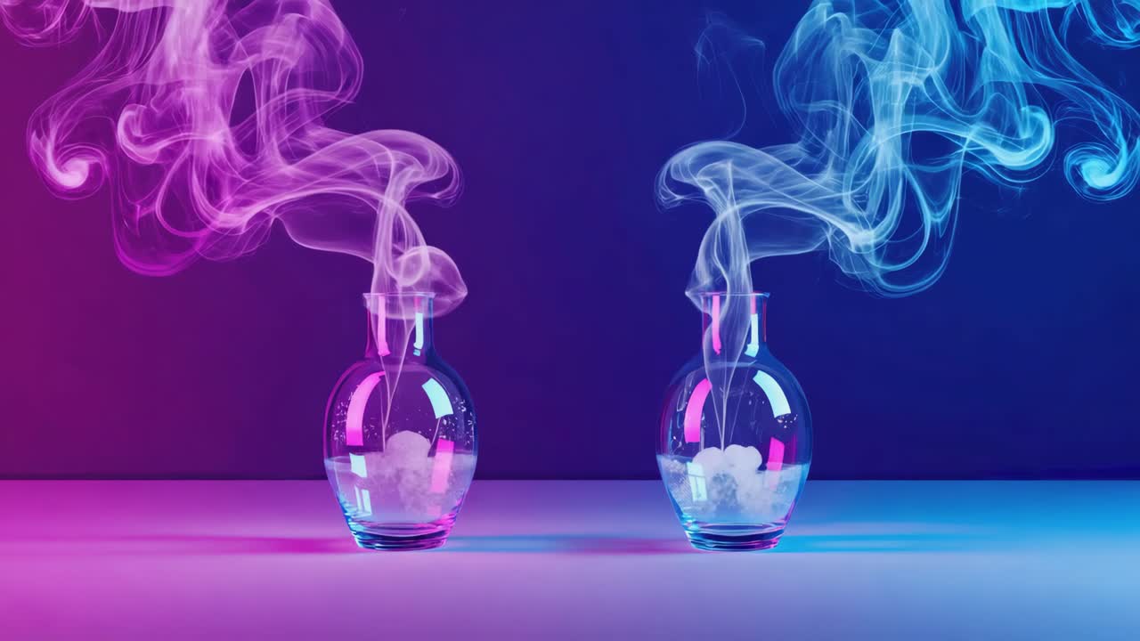Colorful Smoke Rising from Glass Flasks with Neon Gradient Lighting