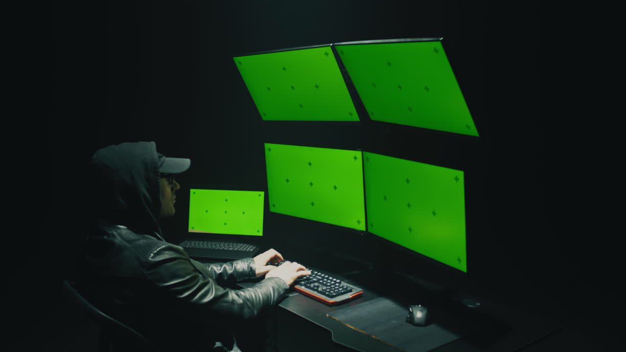 Hacker working on multiple green screen computers