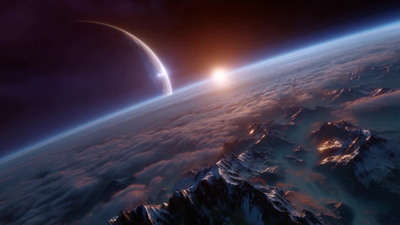 A Stunning View of a Planetary Landscape with Celestial Bodies, Featuring Majestic Mountains Bathed in the Glow of a Distant Star and a Brilliant Moonrise.