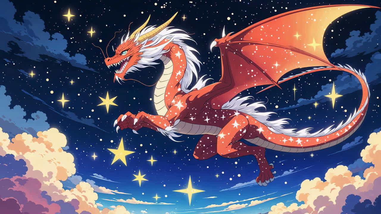 Red Dragon Soaring Through a Starry Night Sky