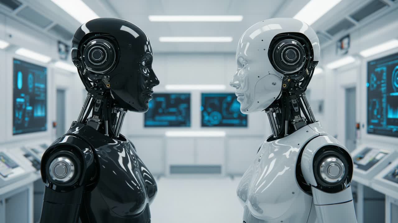 Futuristic Encounter Between Two Distinctive Robots in a High-Tech Laboratory Setting Showcasing Advanced AI Capabilities and Design Aesthetics