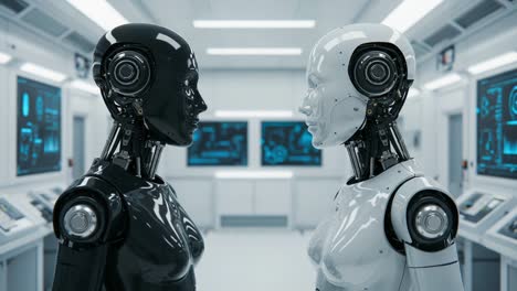 futuristic encounter between two distinctive robots in a high-tech laboratory setting showcasing advanced ai capabilities and design aesthetics