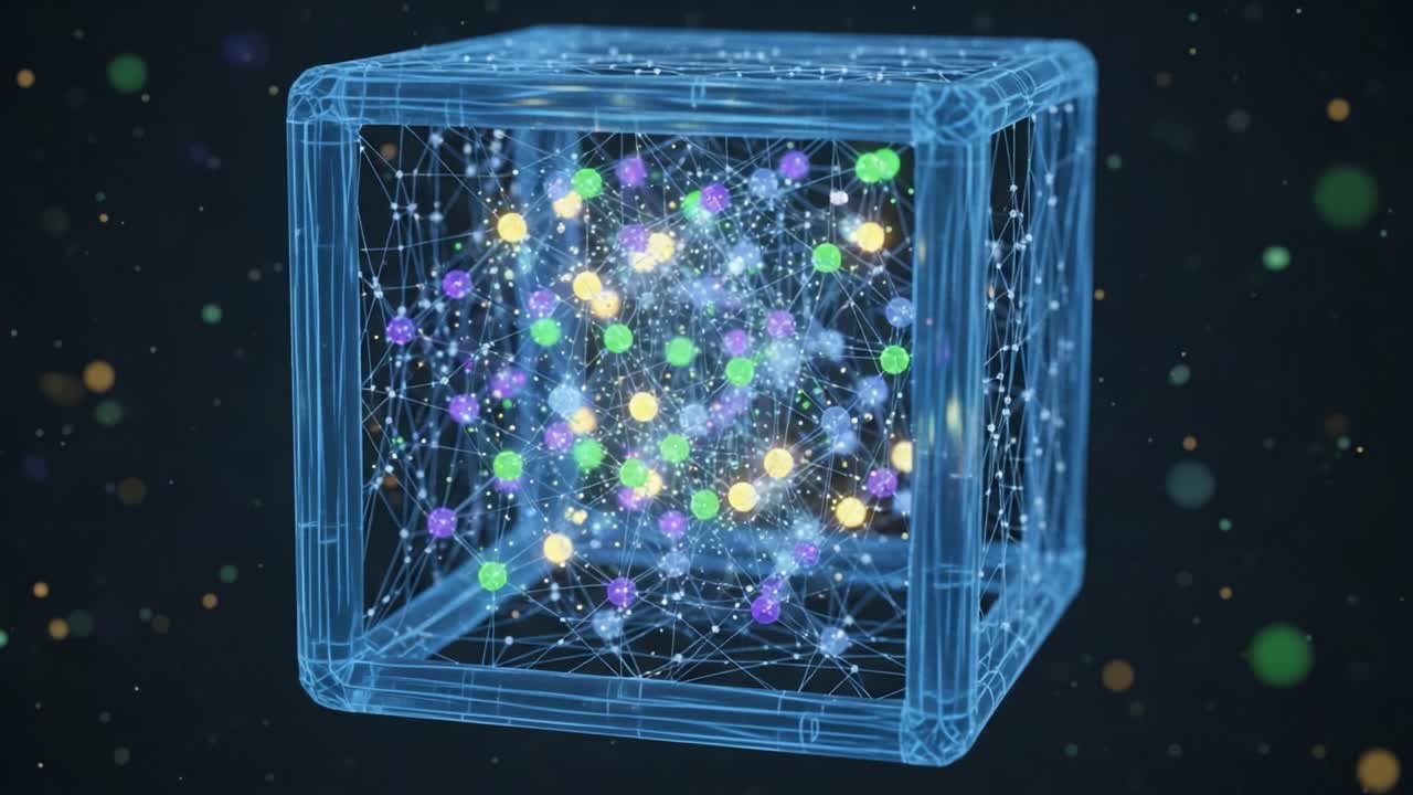 Exploring the Quantum Realm: A Stunning Visualization of a Dynamic Data Cube with Vibrant Particles and Intricate Network Connections