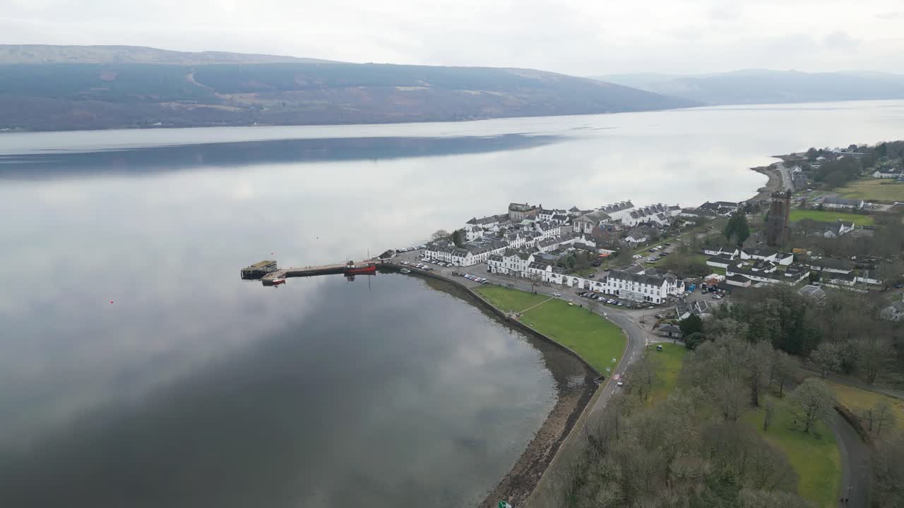 Panoramic Aerial View of Inveraray Village Nestled by Scottish Hills