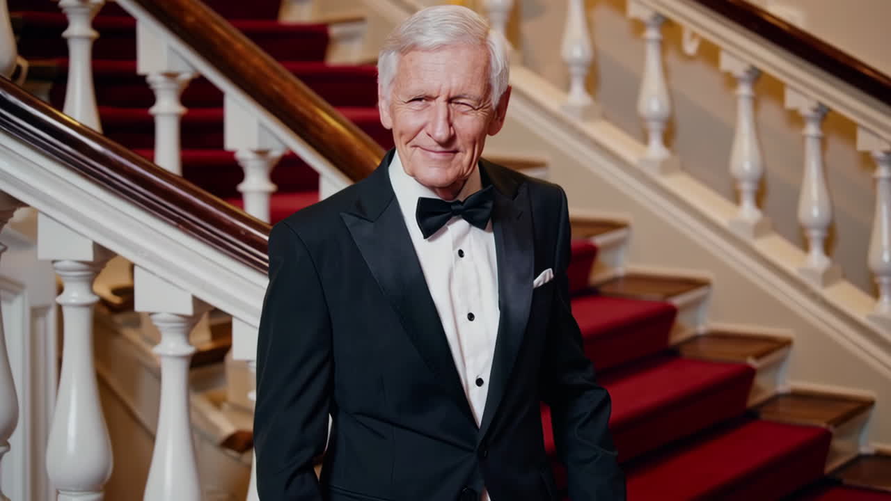 Senior Man in Formal Wear on Grand Staircase