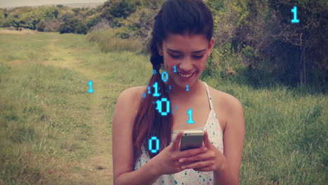 animación de codificación binaria contra mujer biracial sonriendo mientras usa teléfono inteligente en el parque
