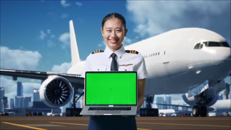 asian woman pilot smiling and showing green screen laptop to the camera while standing in airfield with airplane on background
